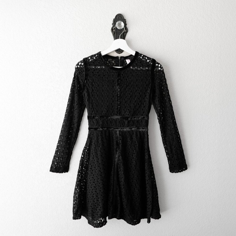Xhilaration Dress Sz XS Black Lace Long Sleeve Velvet Trim Flare Y2k Whimsigoth
